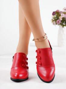 春季新款紅色低跟皮革腳踝靴女款,側拉鍊設計,舒適短靴 - 紅色 - 查看 2