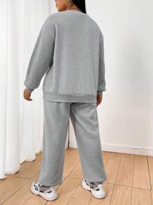 Flirla Plus Size Women's Letter Printed Round Neck Sweatshirt And Sweatpants Two-Piece Set - Light Grey - View 2
