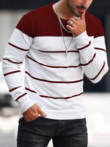 Manfinity Mode Men's Striped Long Sleeve Sweater, For Fall Winter - Burgundy - View 6