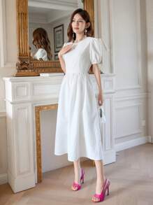 DAZY 女士圆领短款泡泡袖连衣裙太阳裙，休闲女士连衣裙 - 白色 - 查看 3