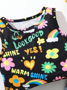 SHEIN 小女孩花卉印花背心和破洞牛仔喇叭褲套裝 - 藍色 - 查看 6