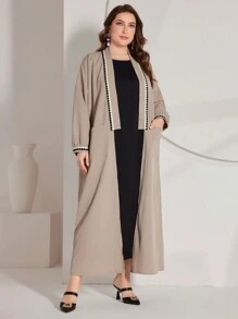 Al Najma Women's Plus Size Patchwork Web Double Pocket Jacket Abayas - Grey - View 3