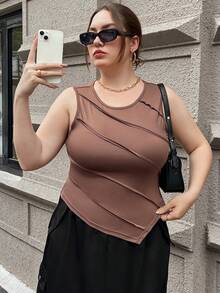 SHEIN Essnce 大尺碼不對稱下擺背心,帶有縫合細節 - 棕色 - 查看 5