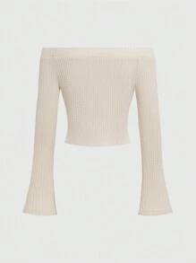 ROMWE 露肩喇叭袖 T 卹 - 卡其色 - 查看 2