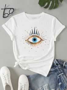 INAWLY Women's Eye Print Short Sleeve T-Shirt Graphic Tees Women Tops - White - View 6