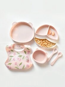 Cozy Pixies 5pcs/set Baby Feeding Set With Silicone Suction Bowl, Bib, Training Bowl, Fork And Spoon