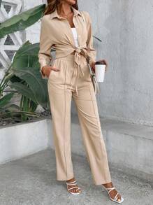 SHEIN LUNE 純色休閒2件套裝 - 卡其色 - 查看 6