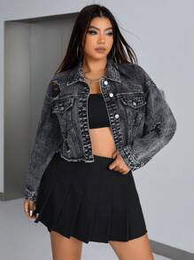 SHEIN ICON Kvinnors Plus Storlek Bedrövad Denimjacka Med Klaffickor - Svart - Visa 4