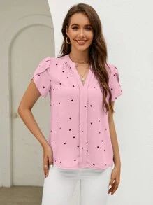 SHEIN Clasi 女士愛心印花花瓣袖式上衣,配削角領