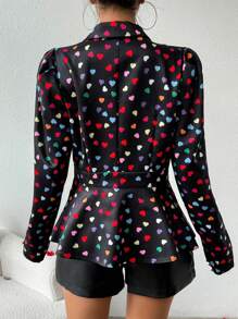 Calvaya Heart Print Lapel Collar Blazer Jacket