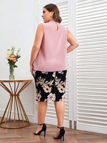 SHEIN Clasi Của phụ nữ Kích thước lớn Màu thuần Khía Vòng cổ Áo sơ mi Và In hoa Bộ váy - Bụi hồng - Xem 2