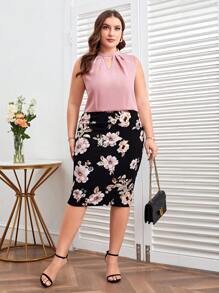 SHEIN Clasi Của phụ nữ Kích thước lớn Màu thuần Khía Vòng cổ Áo sơ mi Và In hoa Bộ váy - Bụi hồng - Xem 4