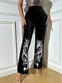 Allurite Chinese Dragon Flare Leg Pants - Black - View 3