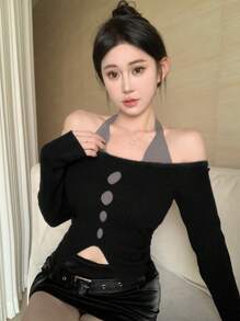 DAZY 二合一拼接挂脖镂空开衩套头长袖毛衣，秋装 - 黑色 - 查看 7