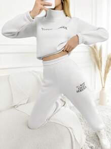 EURMUSE Women'S Slogan Printed Turtleneck Two-Piece Set - White - View 1