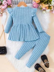 嬰兒女孩荷葉邊圓領長袖上衣和褲子套裝,實色舒適的兩件套裝 - 淺藍色 - 查看 2