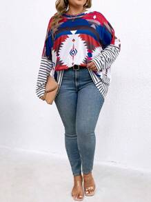 SHEIN LUNE Plus Size Geometric Printed Batwing Sleeve T-Shirt