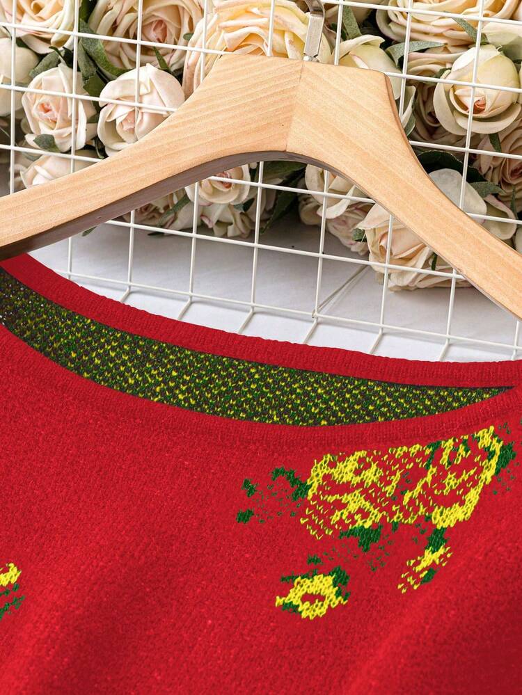 Plus Size Sweater With Flower Pattern Knit Pullover Fall Winter