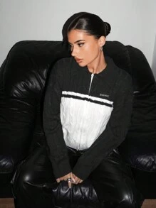 SHEIN EZwear Color-Blocked Woolen Cardigan With Turn-Down Collar - Black and White - View 3