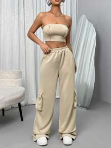 SHEIN Unity Conjunto De Dos Piezas: Top Sin Tirantes Y Pantalones Procesados ​​de Color Sólido - Caqui - Ver 1