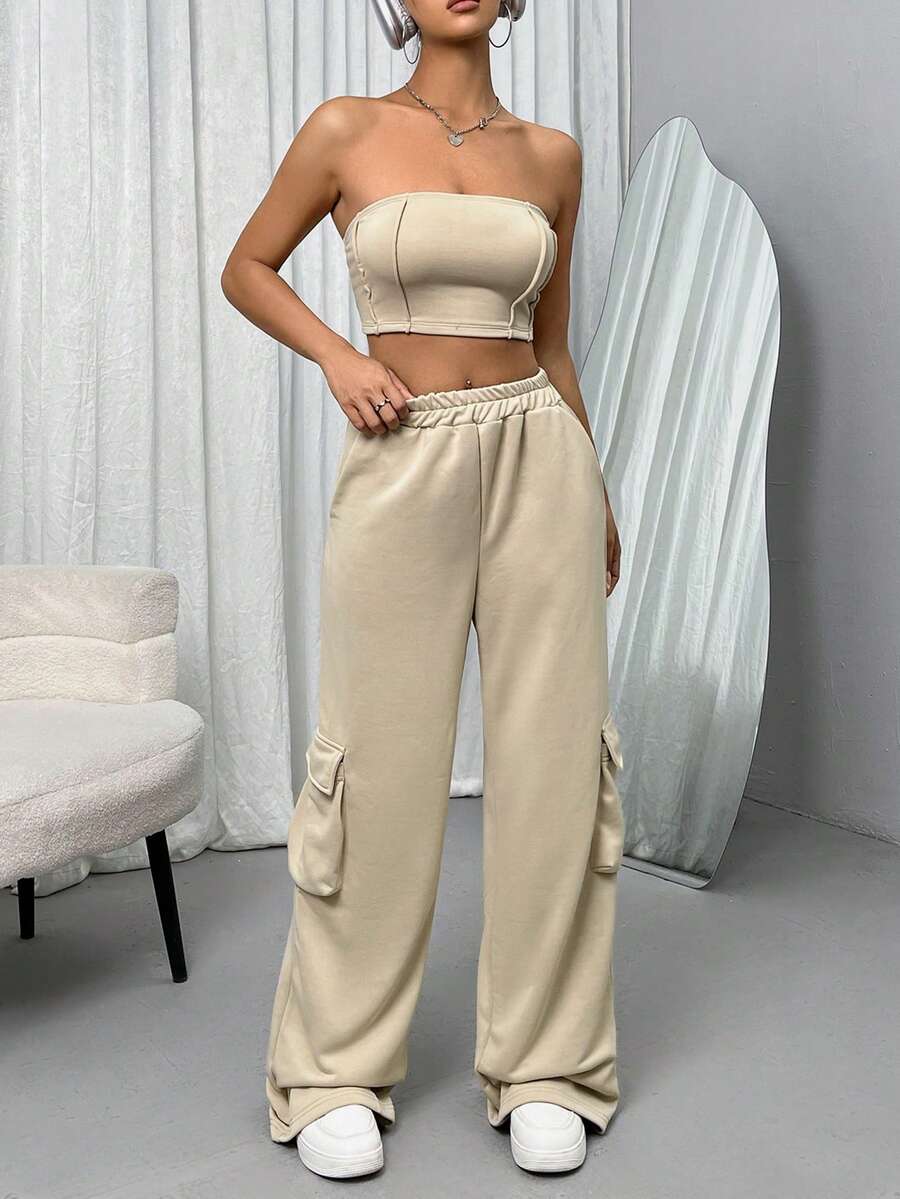 SHEIN Unity Conjunto De Dos Piezas: Top Sin Tirantes Y Pantalones Procesados de Color Sólido - Caqui - Ver 1