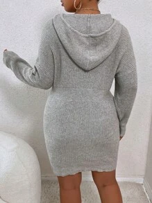 SHEIN LUNE Women'S Plus Size Solid Color Drawstring Hooded Sweater Dress - Light Grey - View 2