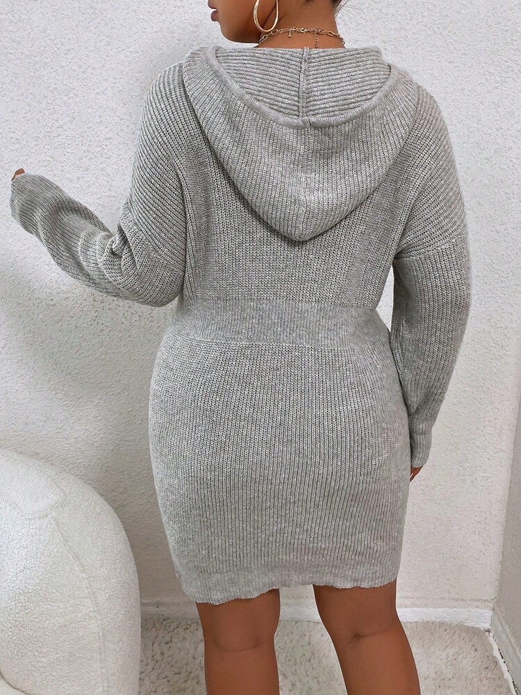 Women'S Plus Size Solid Color Drawstring Hooded Sweater Dress