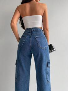 High Waist Flap Pocket Cargo Jeans - Blue - View 6