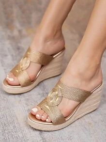 Women Metallic Espadrille Wedge Slide Sandals, Vacation Summer Sandals - Champagne - View 6