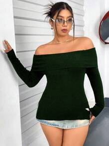 Flirla Plus Size Off-Shoulder Sweater With Side Split Design Knit Pullover Fall Winter - Green - View 4