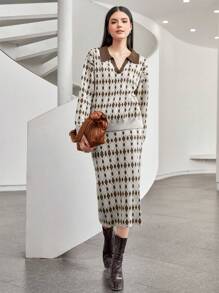 Mulvari Women'S Geometric Print Collar Sweater And Skirt Two-Piece Set 2 Piece Set