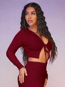 SHEIN SXY 女式正面打結短上衣和緊身褲套裝