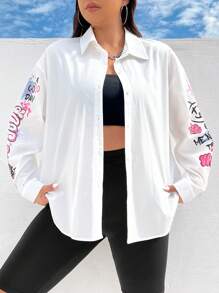 SHEIN EZwear 大码女式字母印花梭织衬衫 - 白色 - 白色 - 查看 2