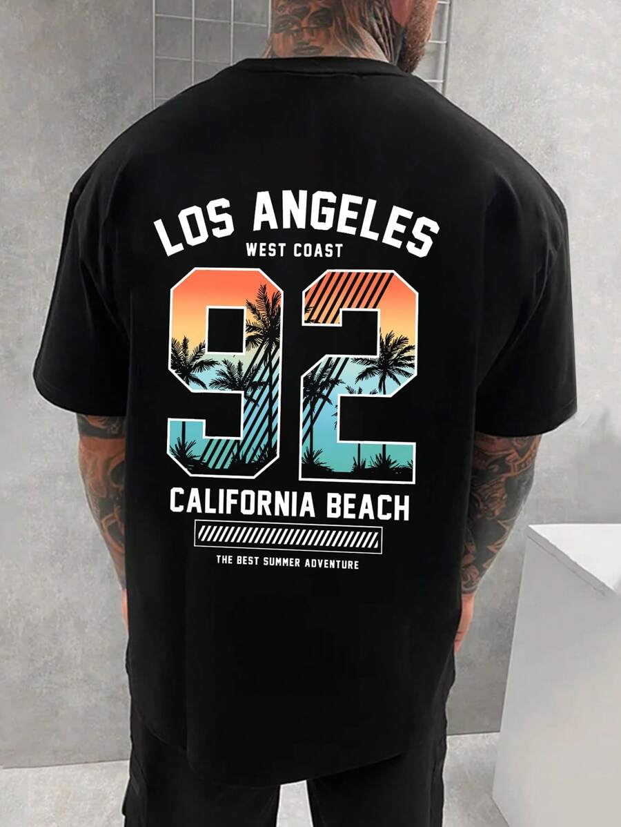 男士椰子樹字母印花短袖落肩 T 卹