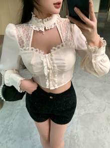 DAZY Áo cánh khoét cổ đứng ren chắp vá cho nữ, tay dài - Màu be - Xem 2