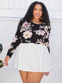 SHEIN CURVE+ 大尺碼女款花卉印花長袖上衣