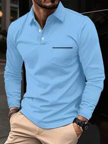 Polo De Manga Larga Para Hombre - Azul - Ver 1