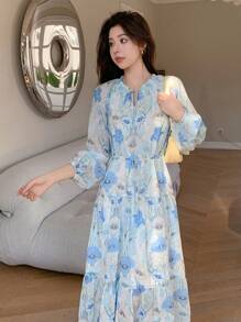 DAZY 打結領口和燈籠袖的花卉連衣裙 - 藍色 - 查看 5