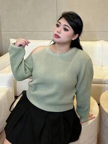 Dazy Petite Plus كنزة نسائية بمقاس كبير بياقة طاقم وأكتاف مكشوفة، ملابس خريفية للمدرسة - أخضر - مشاهدة 6