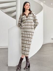 Mulvari Women'S Geometric Print Collar Sweater And Skirt Two-Piece Set 2 Piece Set