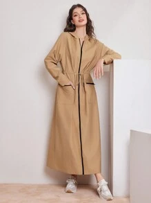 Mulvari Women's Drawstring Waist Zipper Front Hooded Dress - Coffee Brown - View 5