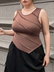 SHEIN Essnce 大尺碼不對稱下擺背心,帶有縫合細節 - 棕色 - 查看 1