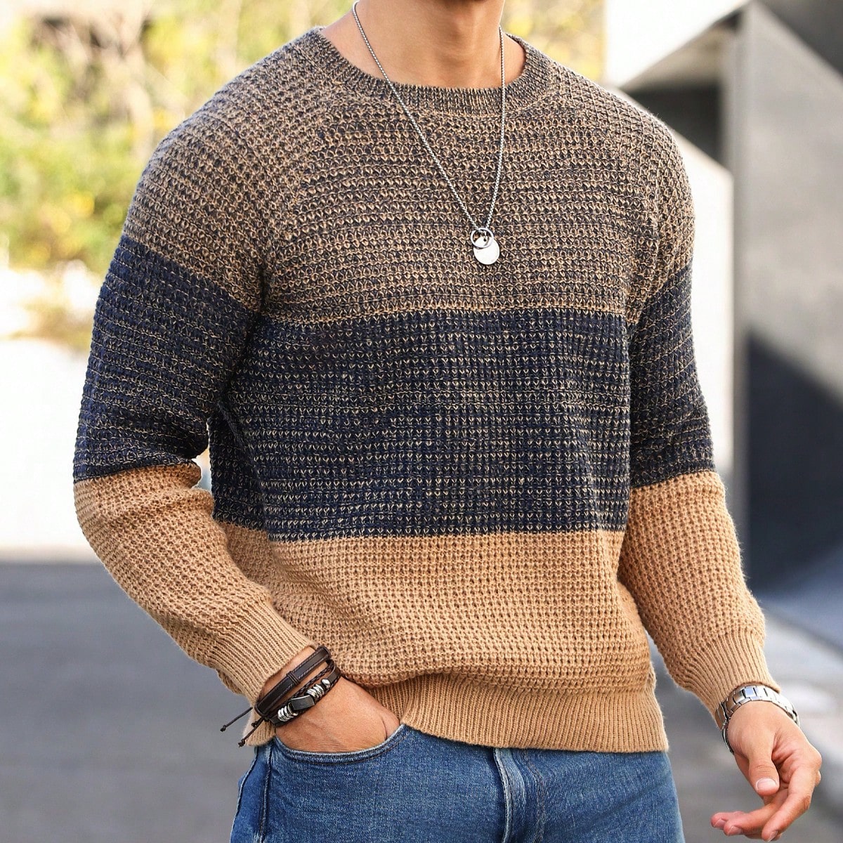 Suéter de cuello redondo de manga larga con bloques de color para hombre, para otoño e invierno