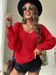 Siren Gaze Suéter feminino de malha canelada com decote em V e cor sólida, blusa de manga comprida para outono/inverno - Vermelho - Ver 4
