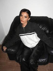 SHEIN EZwear Color-Blocked Woolen Cardigan With Turn-Down Collar - Black and White - View 4