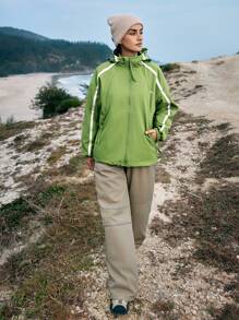 In My Nature Women's Colorblock Zipper Opening Drawstring Hooded Outdoor Sports Jacket - Olive Green - View 4