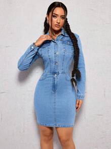 SHEIN ICON Women'S Short Sleeve Denim Shirt Dress - Medium Wash - View 3