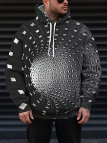 Manfinity Roughcore Men's Plus Size Geometric Printed Hooded Sweatshirt - Black and White - View 1