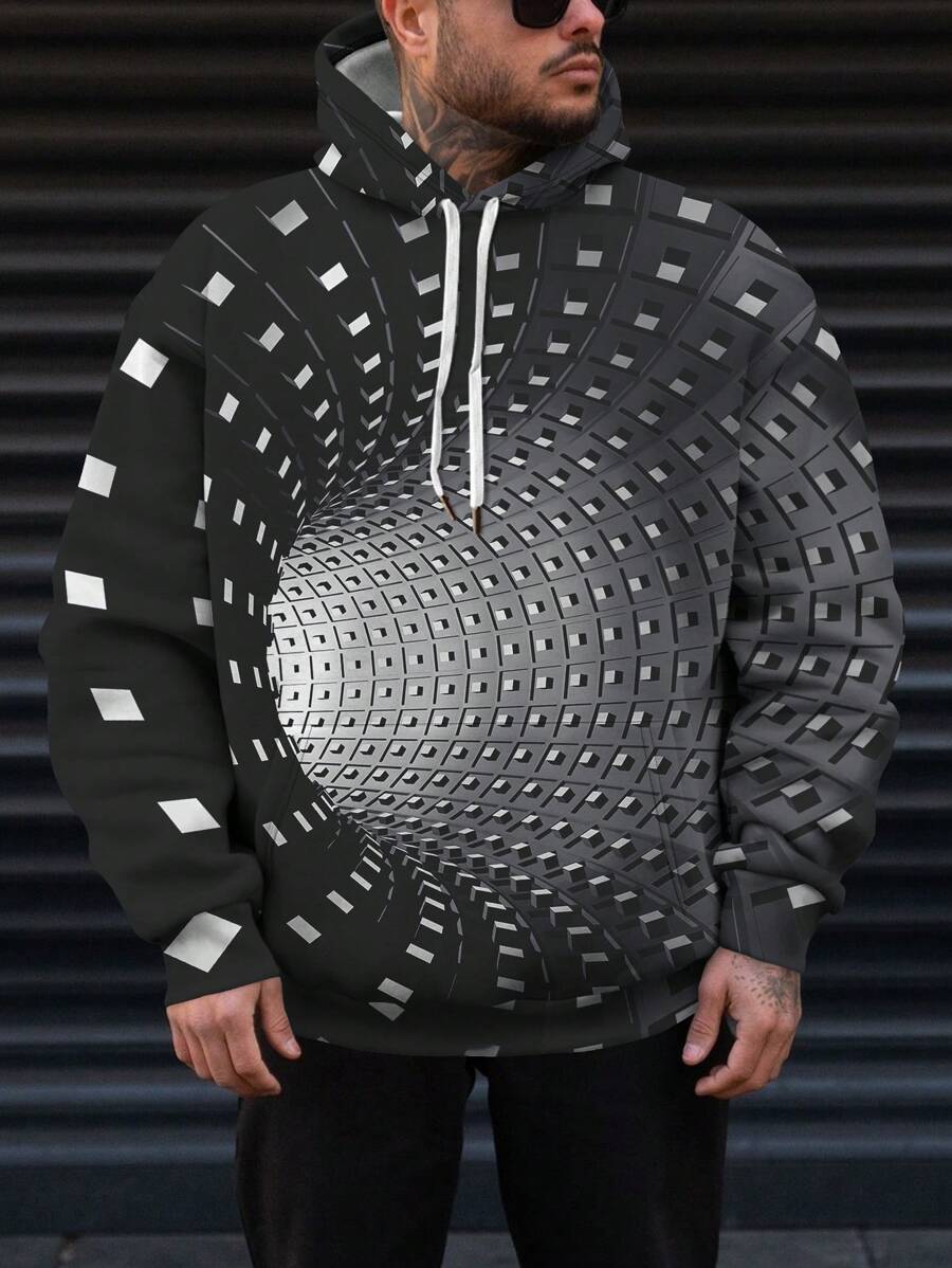 Manfinity Roughcore Men's Plus Size Geometric Printed Hooded Sweatshirt - Black and White - View 1