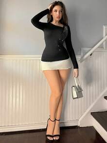 SHEIN Privé Asymmetrical Collar Rhinestone-Embellished Long-Sleeved T-Shirt - Black - View 6